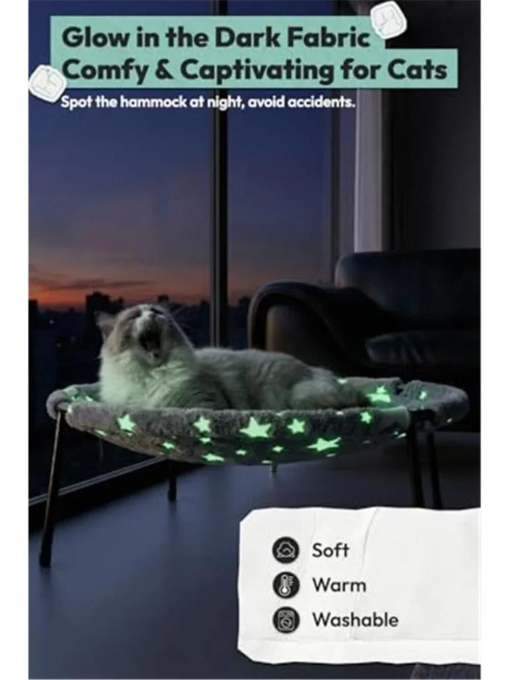 Elevated Cat Bed, Glow-in-The-Dark Fabric Cat Hammock Bed for Large Indoor
